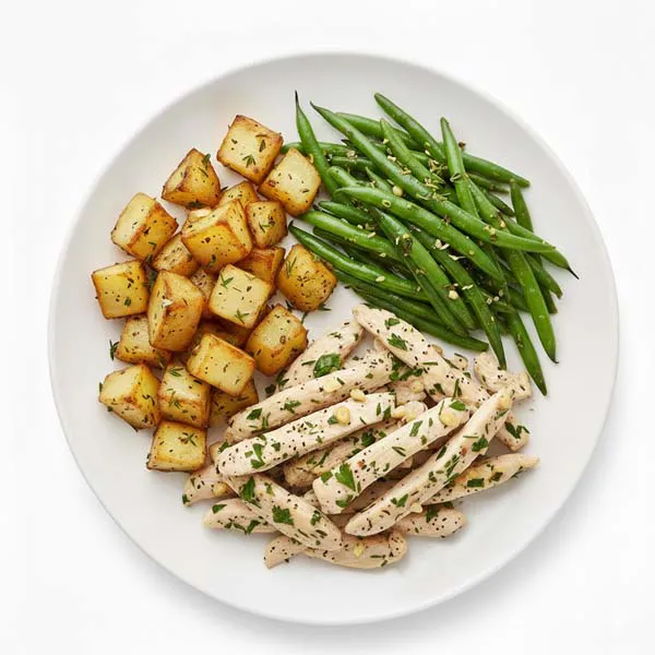 Garlic And Herb Truffle Chicken With Roasted Thyme Potatoes And Green Beans